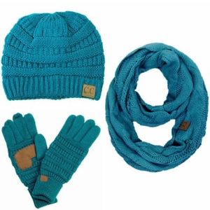 C.C Teal Blue Beanie, Scarf & Mittens Set